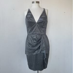 Vtg Y2K BLONDIE NITES Shiny Silver V Neck Glam Formal Dress / Sz 9 / Prom Party